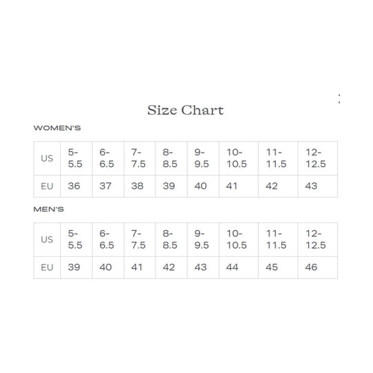 Size chart showing women’s and men’s US-to-EU shoe sizes