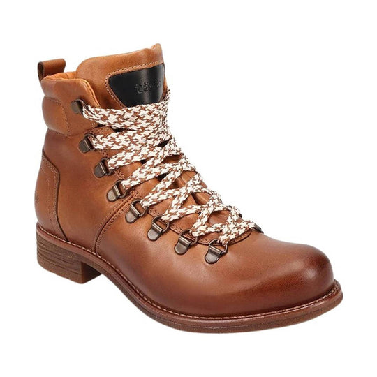 Brown leather lace-up ankle boot with patterned laces and a low heel