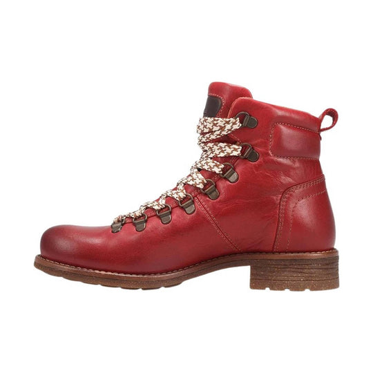 Red leather lace-up ankle boot with brown sole and chunky heel