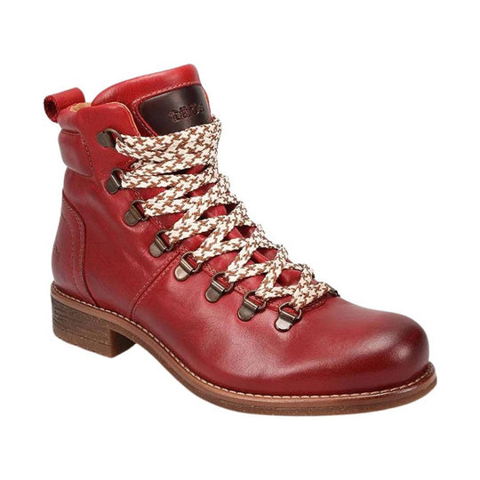 Red leather ankle boot with white patterned laces and brown sole