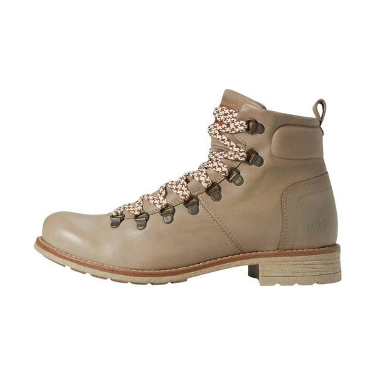 Beige leather ankle boot with braided laces, metal hooks, and a low stacked heel