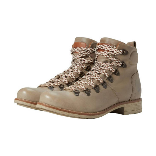 Beige leather lace-up hiking boots with patterned laces and thick tread soles