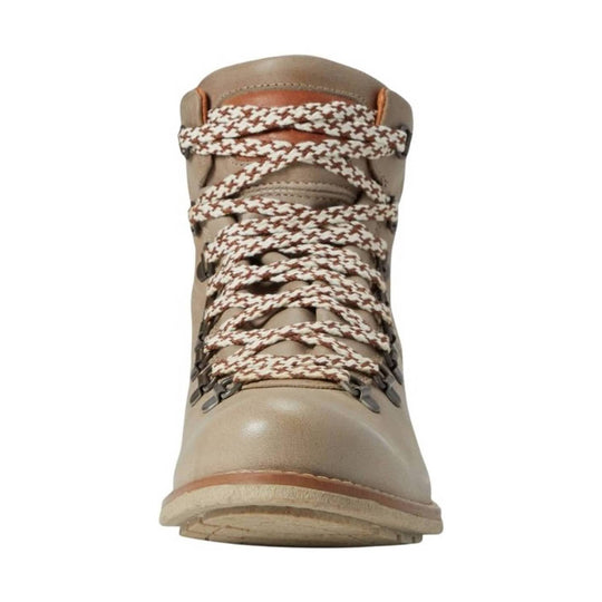 Tan lace-up hiking boot with brown and white patterned laces, front view