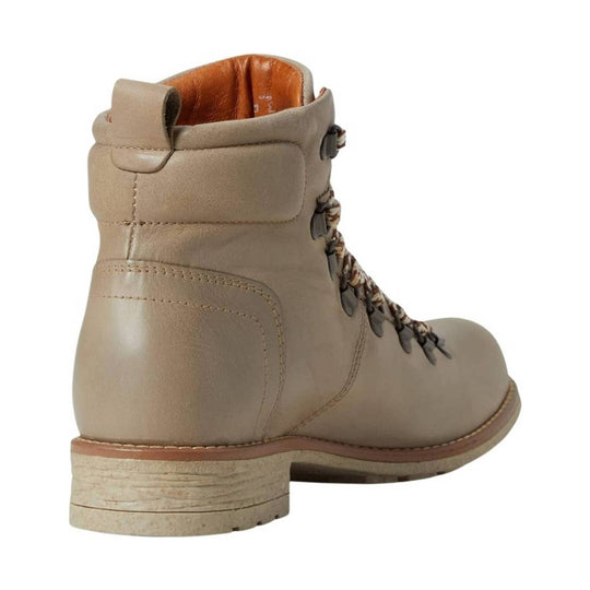 Beige leather lace-up ankle boot with a stacked heel and padded collar, shown from the back side
