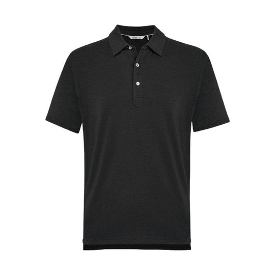 Black short-sleeve polo shirt with collar and three-button placket