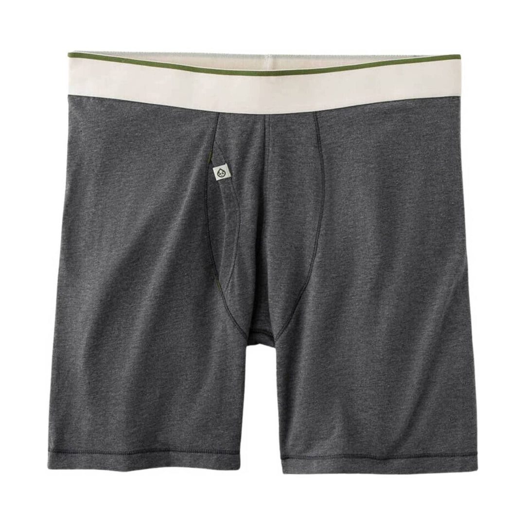 Gray boxer briefs with a light waistband and green trim