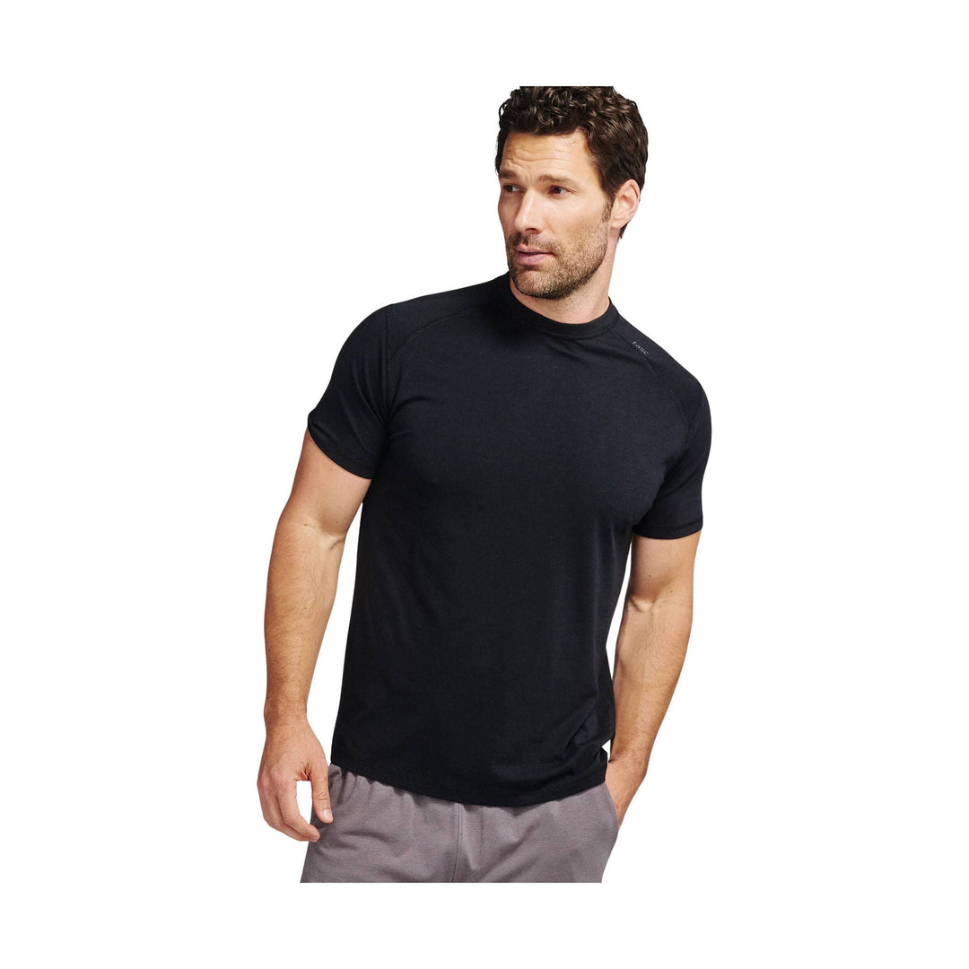 Black short-sleeve athletic T-shirt on a male model