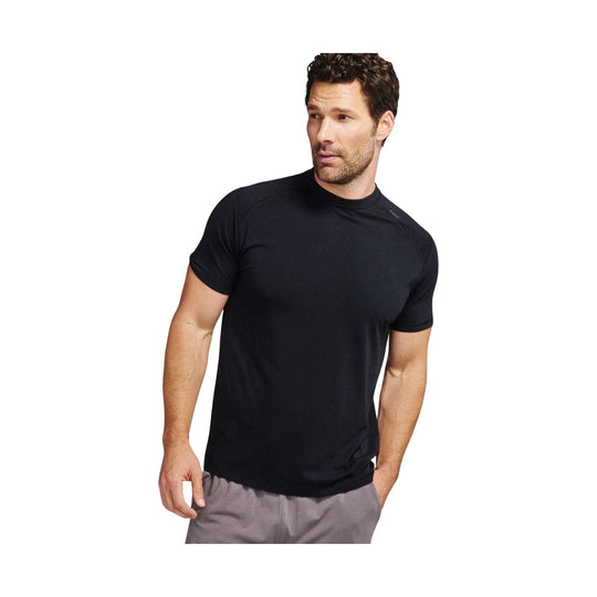 Black short-sleeve athletic T-shirt on a male model