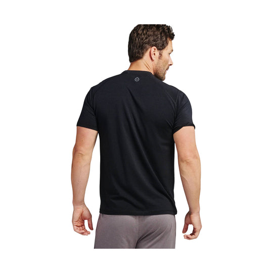 Black short-sleeve athletic T-shirt shown from the back