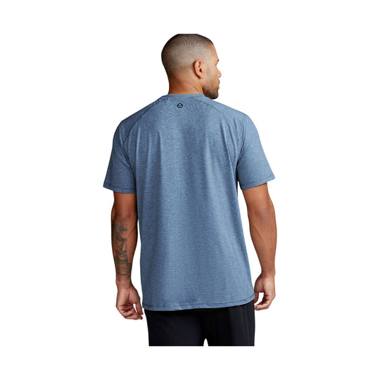 Blue heathered short-sleeve crewneck T-shirt shown from the back