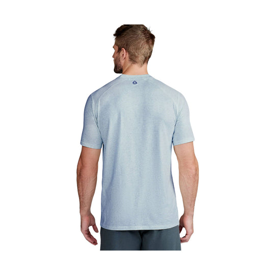 Light blue heathered short-sleeve crewneck athletic T-shirt shown from the back