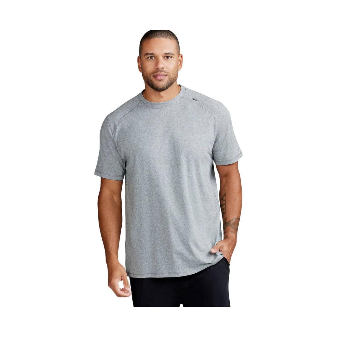 Light gray short-sleeve crewneck athletic T-shirt on a model