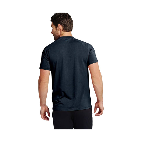 Back view of a dark navy short-sleeve athletic T-shirt worn by a man