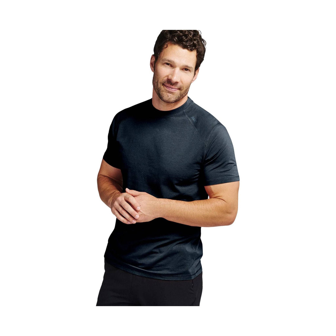Black short-sleeve athletic T-shirt with crew neck, shown on a man against a white background