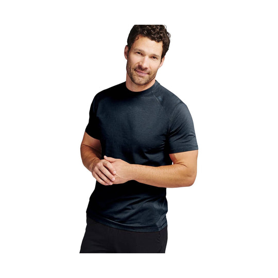 Black short-sleeve athletic T-shirt with crew neck, shown on a man against a white background
