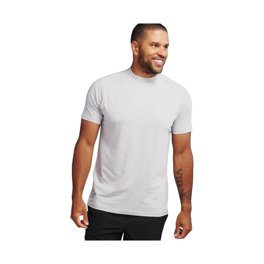 Light gray short-sleeve athletic T-shirt worn by a man