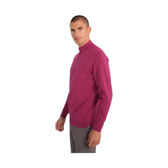 Men's long-sleeve quarter-zip pullover in deep pink, shown on a model against a white background