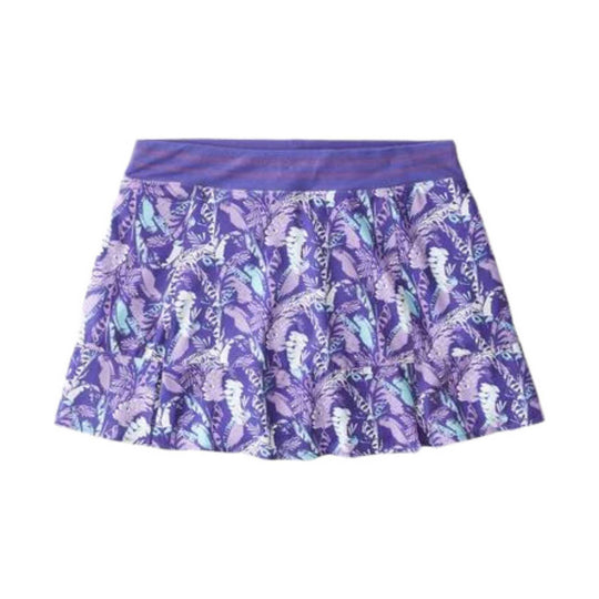 Purple patterned tennis skirt with a wide waistband and flared pleated hem