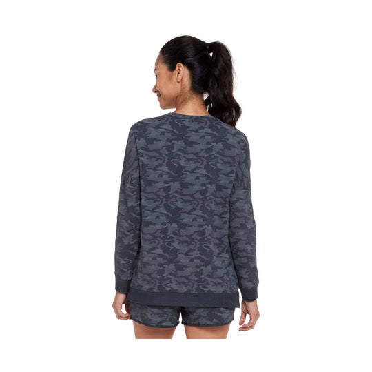 Dark camo long-sleeve sweatshirt shown from the back, with a crew neck and ribbed cuffs and hem