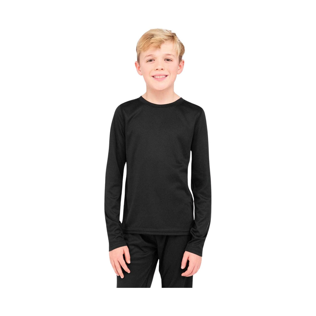 Black long-sleeve crewneck base layer shirt and pants on a child model