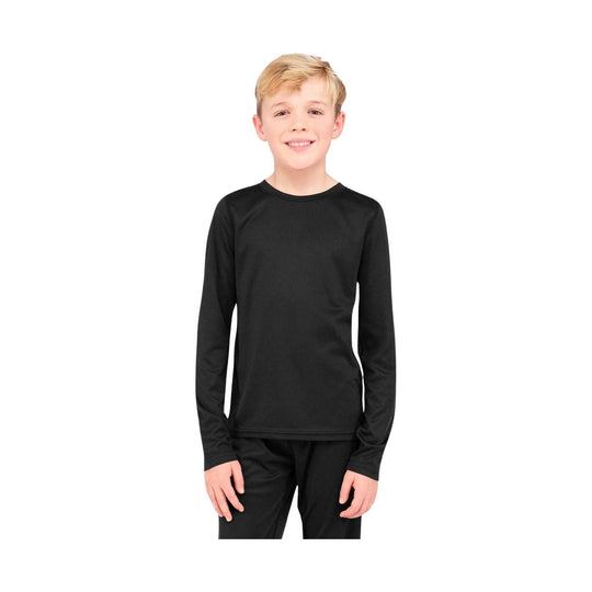 Black long-sleeve crewneck base layer shirt and pants on a child model