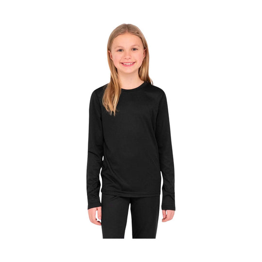 Child wearing a black long-sleeve crew top and black leggings