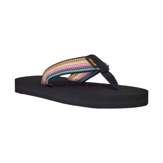 Black flip-flop sandal with a multicolor woven strap
