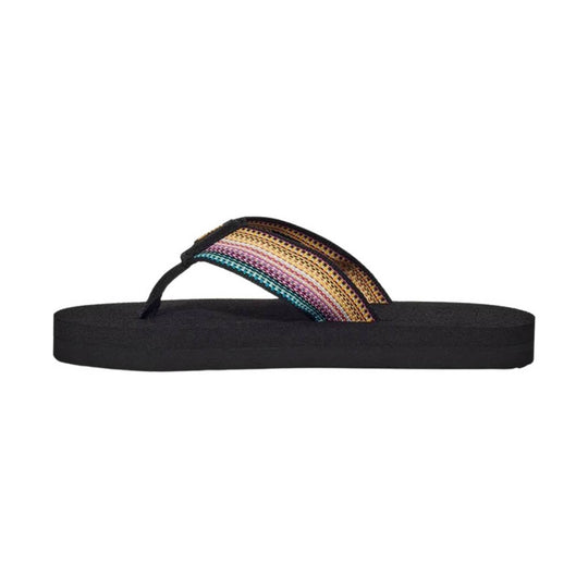 Black flip-flop with multicolor woven strap