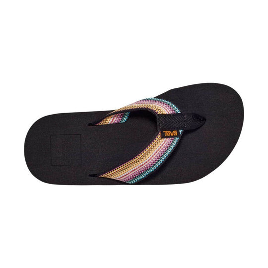 Black flip flop with multicolor woven straps and a small logo tag
