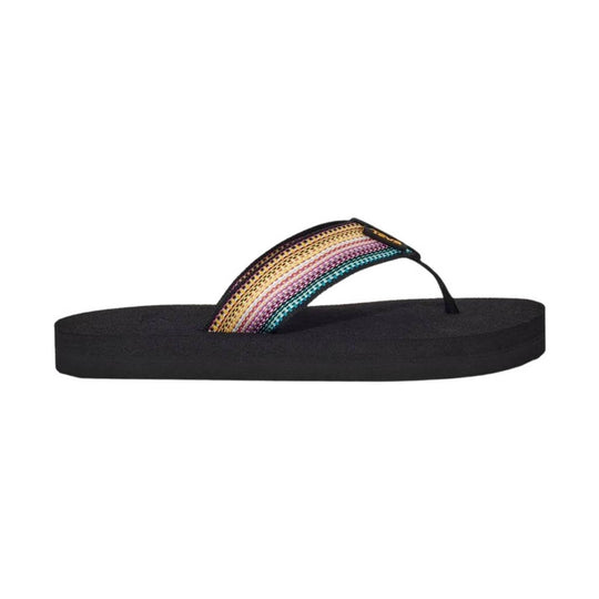 Black flip-flop with a multicolor woven strap