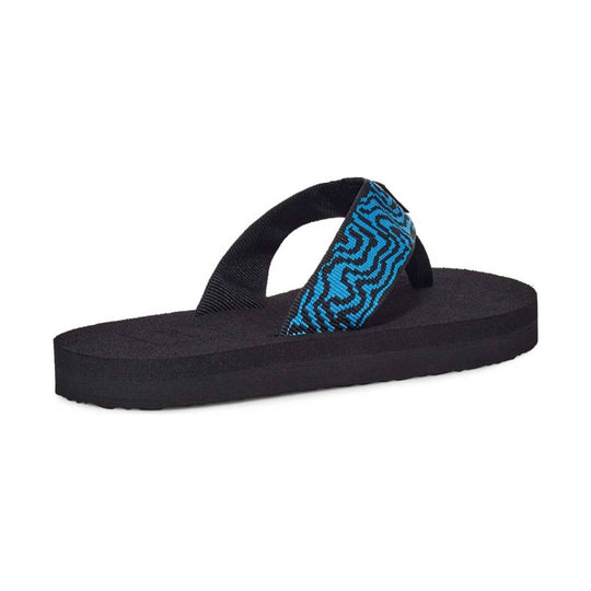 Black flip-flop sandal with a blue patterned strap and thick sole