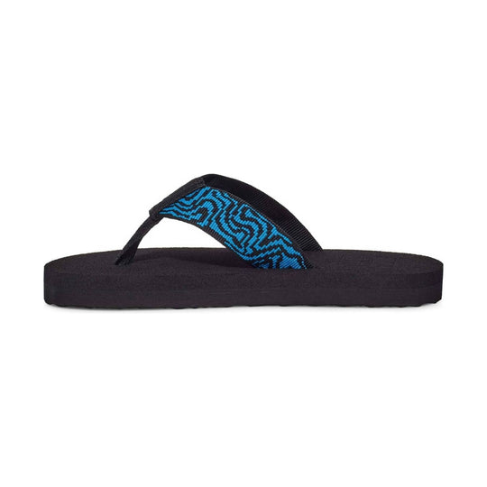 Black flip-flop sandal with a blue patterned strap