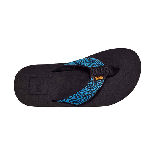 Black flip-flop with blue patterned strap and small orange logo tag