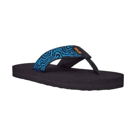 Black flip flop sandal with a blue patterned strap and small logo tag