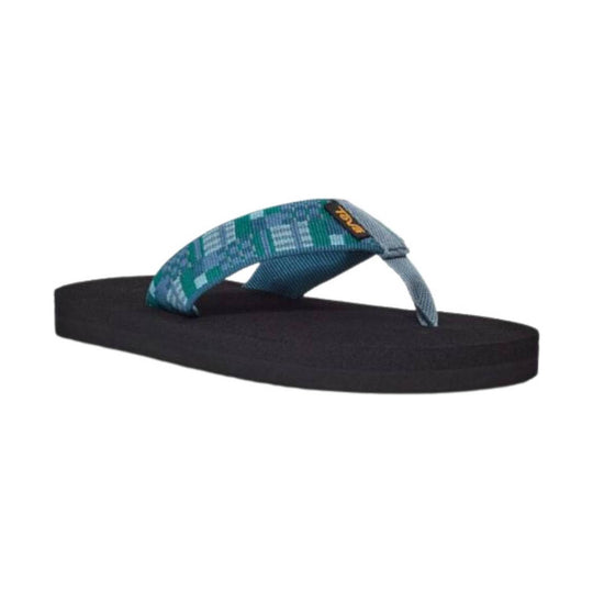 Blue patterned flip flop with a black sole and Teva logo on the strap