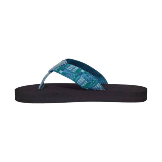 Blue patterned flip flop with black foam sole