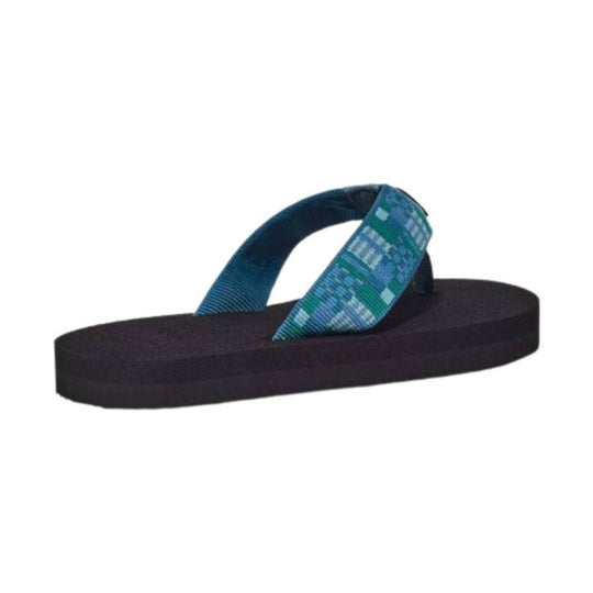 Blue patterned flip-flop sandal with a dark sole