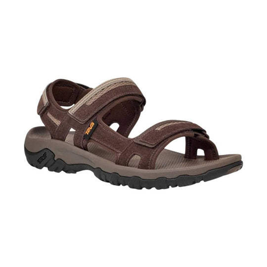 Brown hiking sandal with adjustable straps, toe loop, and a cushioned black-and-tan sole