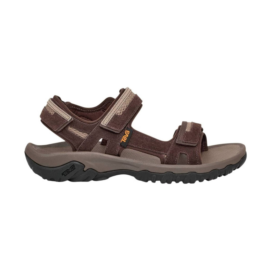 Brown closed-toe hiking sandal with Velcro straps and a black tread sole