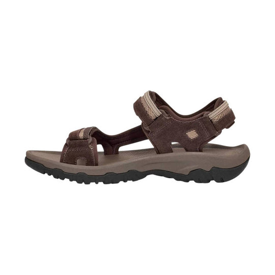 Brown outdoor sandal with open sides, adjustable straps, and a black treaded sole