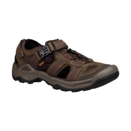 Brown closed-toe hiking sandal with mesh panels, side cutouts, and a black buckle strap