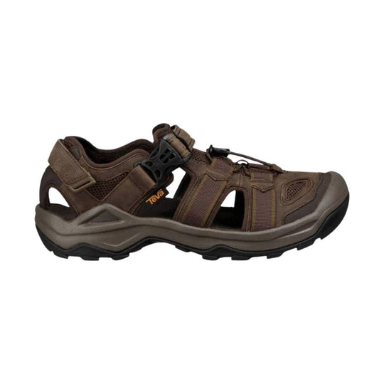 Brown closed-toe hiking sandal with mesh panels, bungee laces, and a chunky black sole