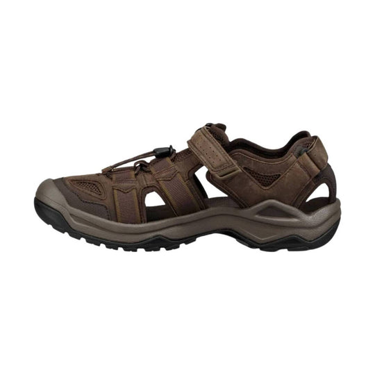 Brown closed-toe hiking sandal with mesh panels, bungee laces, and a rugged black sole