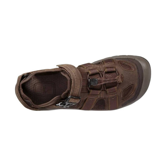 Brown closed-toe hiking sandal with bungee laces, mesh panels, and a heel strap, shown from above