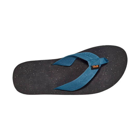 Blue thong sandal with black speckled footbed and Teva logo on the strap