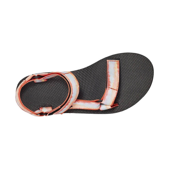Black sandal with orange-and-white straps and textured footbed, side view