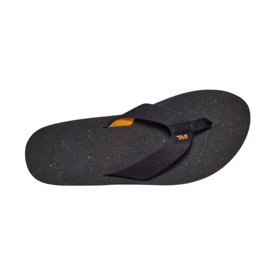Black thong sandal with textured footbed and Teva logo on the strap