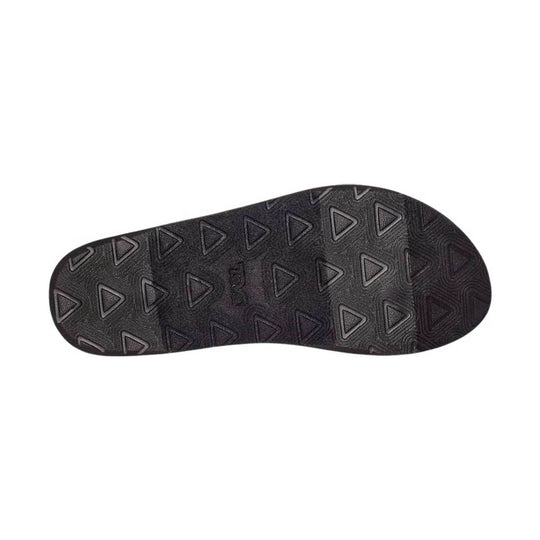 Black sandal outsole with triangular tread pattern and embossed Teva logo
