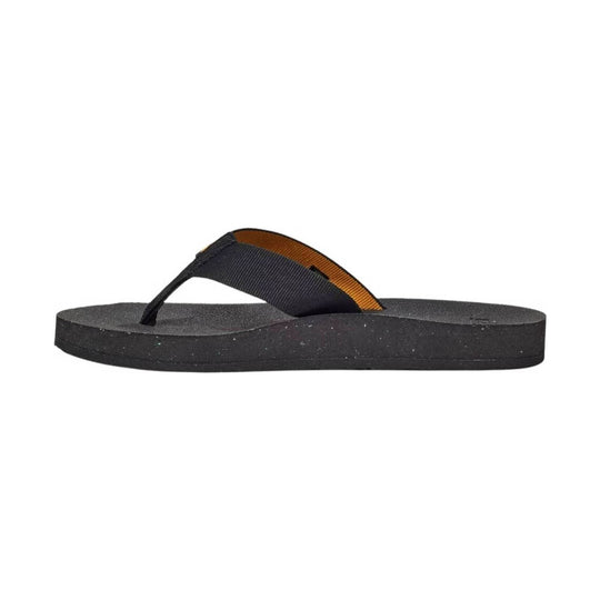 Black thong sandal with a textured footbed and orange-striped strap