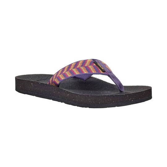 Purple and multicolor flip-flop sandal with a black speckled platform sole